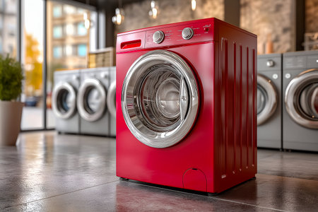 Vibrant red washing machine is featured in a contemporary laundry showroom, highlighting its modern design and functionality, with additional appliances visible in the backgroundの素材