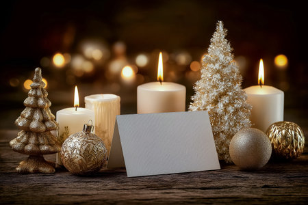 A cozy holiday arrangement showcases glowing candles, elegant ornaments, and a sparkling Christmas tree, with a blank card positioned prominently, inviting personal messages in a festive ambianceの素材