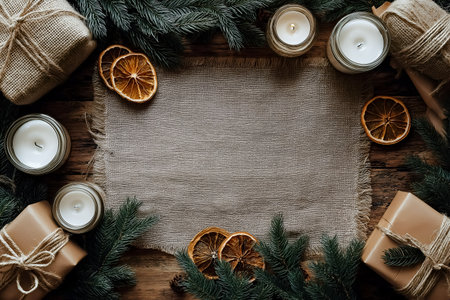 A cozy holiday flat lay showcases dried orange slices, candles, and evergreen branches arranged around a burlap background, creating a warm and inviting atmosphere perfect for seasonal celebrationsの素材