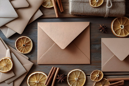 Beautifully arranged textured envelopes alongside dried orange slices and cinnamon sticks, with a gift wrapped in natural twine, creating a cozy and inviting ambiance perfect for seasonal greetingsの素材