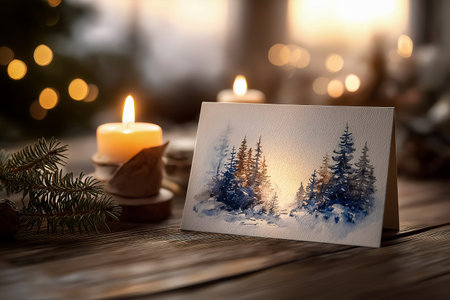 Watercolor illustration depicting a tranquil winter scene with snow-laden trees and a gentle glow, complemented by candles on a wooden table, evoking a cozy holiday ambianceの素材