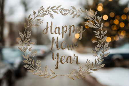 Beautifully designed window art showcases elegant handwritten text wishing a Happy New Year, framed by a floral wreath, with a soft-focus winter street scene adding to the festive ambianceの素材