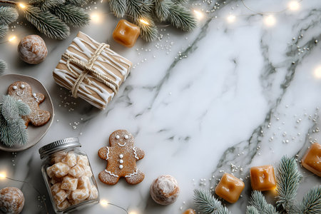 Holiday-themed composition with gingerbread cookies, caramel candies, and beautifully wrapped gifts on a marble surface, accented by evergreen branches and twinkling lightsの素材