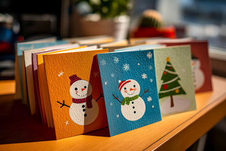 Collection of festive greeting cards showcasing playful snowmen and a Christmas tree, arranged on a wooden surface, with sunlight enhancing the colors and textures, creating a joyful holiday atmosphereの素材