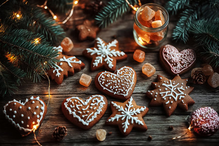 A variety of gingerbread cookies in heart and snowflake shapes, beautifully decorated with white icing, placed on a wooden table with pine branches and twinkling lights, evoking a cozy holiday spiritの素材