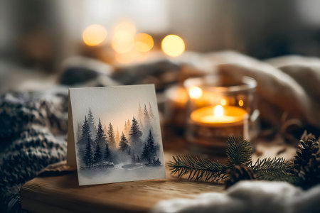 Watercolor illustration of evergreen trees on a card, placed on a wooden surface, surrounded by glowing candles and soft fabrics, evoking a warm and cozy ambiance perfect for winter celebrationsの素材