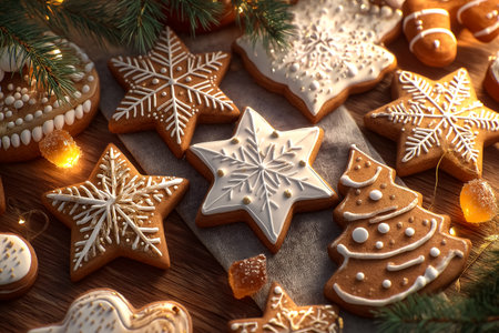 Variety of beautifully decorated gingerbread cookies in festive shapes, including stars and trees, are displayed on a wooden surface, enhanced by twinkling lights and fresh evergreen branchesの素材