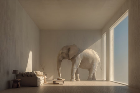 A large elephant is positioned in a stylish living room with expansive windows, allowing soft natural light to fill the area, creating a serene atmosphere that merges nature with modern designの素材