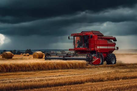 Agricultural harvester in vibrant red color is actively harvesting golden wheat in expansive field, surrounded by round bales, with dark storm clouds creating a striking backdropの素材