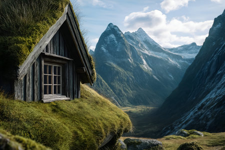 A charming wooden cabin sits on a mossy hillside, framed by towering mountains and vibrant greenery, creating a peaceful atmosphere that highlights the beauty of natureの素材