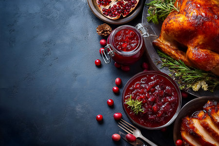 A beautifully roasted turkey accompanied by rich cranberry sauce, garnished with fresh herbs, pomegranate seeds, and festive elements, creating a warm and inviting atmosphere for holiday celebrationsの素材