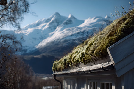 Traditional structure with a lush moss-covered roof is set against a backdrop of stunning snow-capped mountains and a bright blue sky, evoking a sense of tranquility and harmony with natureの素材
