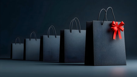A series of sleek black shopping bags lined up, with one bag adorned with a bright red bow, enhancing the festive mood and inviting gift-giving moments in a stylish settingの素材