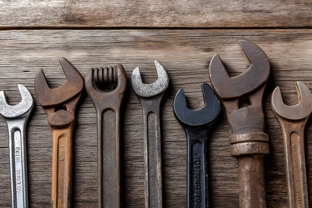 A diverse assortment of metal wrenches is neatly arranged on a weathered wooden surface, highlighting their unique sizes and textures, perfect for automotive and mechanical applicationsの素材