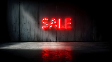 Bright neon sale sign illuminates dark wall, casting reflections on polished floor, creating an inviting ambiance for promotions and discounts and enhancing retail environmentsの素材