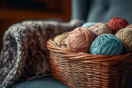 Colorful yarn balls are arranged in a woven basket on a cozy chair next to a textured blanket, enhancing a warm crafting environmentの素材