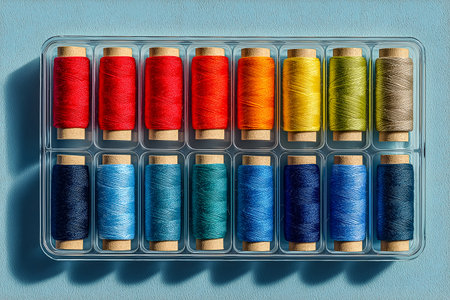Vibrant sewing thread spools displayed in a clear container, highlighting a variety of colors and textures, perfect for artistic and crafting endeavorsの素材