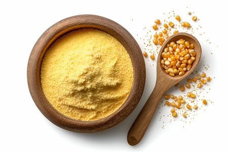 Yellow cornmeal is displayed in a wooden bowl with a spoonful of whole corn kernels beside it, highlighting natural cooking ingredientsの素材