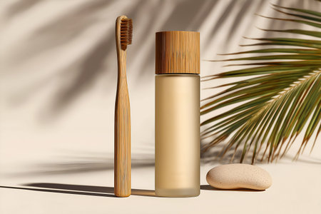 Eco friendly bamboo toothbrush alongside a natural skincare bottle on a sandy surface, surrounded by palm leaves, highlighting sustainable beauty choicesの素材