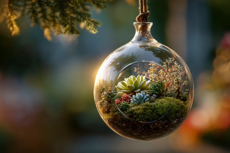 Glass terrarium features a variety of lush succulents and vibrant moss, suspended elegantly, illuminated by warm sunlight, enhancing the tranquil and natural ambiance of indoor gardeningの素材