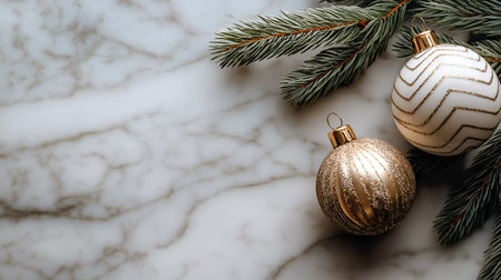 Beautiful Christmas ornaments in gold and white placed on a marble surface alongside evergreen branches, enhancing the festive holiday spiritの素材