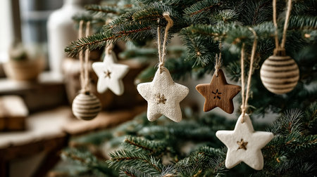 Decorative ornaments are beautifully displayed on a lush evergreen tree, creating a warm holiday ambiance with rustic elements and festive cheerの素材