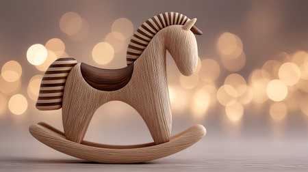Rocking horse toy made from natural wood, featuring an intricate striped design, positioned against a soft bokeh background, creating a nostalgic atmosphere perfect for children's playtimeの素材