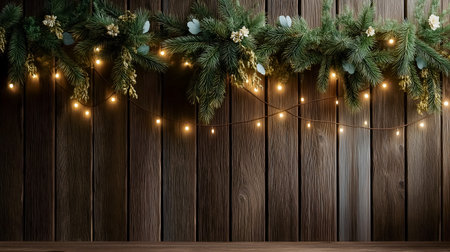 Beautiful garland featuring lush evergreen branches and twinkling lights, gracefully arranged against a textured wooden wall, enhancing the cozy ambiance and festive spirit for holiday celebrationsの素材