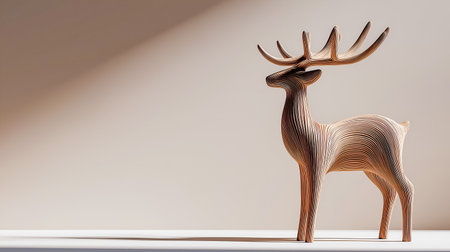 Wooden deer sculpture featuring layered design, beautifully illuminated by soft light, creating a tranquil ambiance in a minimalist environment, highlighting craftsmanship and attention to detailの素材