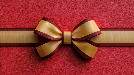 Elegant golden and red ribbon bow on textured red background, luxury decoration for gift wrapping and celebration design, festive ornament with shiny surface and soft light reflectionの素材
