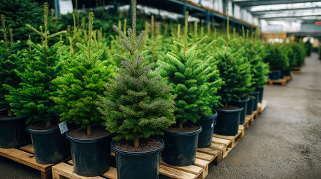 A variety of potted evergreen trees are neatly arranged in a nursery, displaying different species and sizes, creating a lush and inviting environment for gardening and landscaping loversの素材