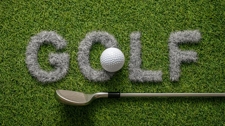 A golf ball rests on vibrant green grass, accompanied by a golf club, with the word 'GOLF' artistically formed from the grass, emphasizing sportsmanship and outdoor leisure activitiesの素材