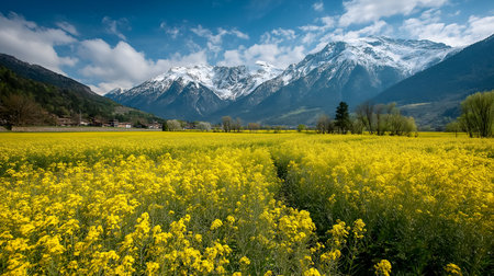 Expansive field of bright yellow flowers leads to stunning snow-capped mountains, with a clear blue sky above, creating a serene and picturesque natural landscapeの素材