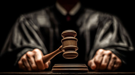 A judge dressed in a black robe is poised with a gavel above a wooden block, representing authority and justice in a courtroom, surrounded by dramatic lighting and deep shadowsの素材