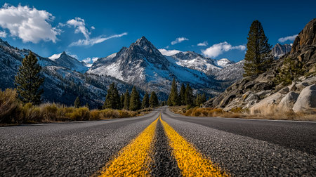 A picturesque road leads through majestic mountains, surrounded by vibrant greenery and rocky terrain, showing the beauty of nature and the allure of outdoor journeys and adventuresの素材