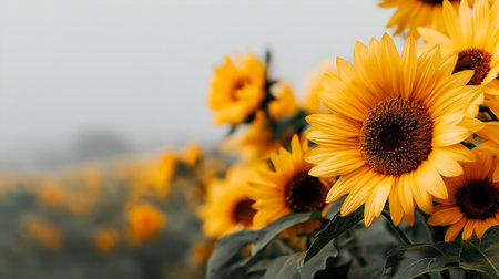 Sunflowers with bright yellow petals and dark centers are blooming in a misty field, creating a serene atmosphere with soft lighting and a tranquil natural settingの素材