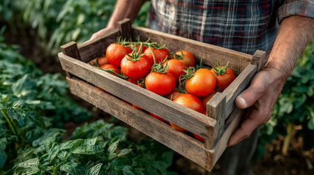 Person carrying a rustic wooden crate brimming with ripe tomatoes, standing amidst verdant plants in a flourishing garden, highlighting the beauty of organic produce and the joy of gardeningの素材