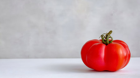 Fresh red tomato with a green stem is positioned on a smooth white surface, highlighting its glossy texture and vibrant color, perfect for food photography and healthy lifestyle imageryの素材