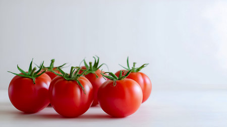 Fresh red tomatoes are beautifully arranged on a light wooden surface, highlighting their vibrant colors and natural textures, ideal for culinary presentations or healthy lifestyle with copy spaceの素材