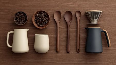 Coffee brewing setup includes a ceramic pitcher, cup, and wooden spoons, alongside bowls of coffee beans, all arranged on a textured wooden surface, creating a cozy ambiance for coffee loversの素材