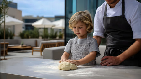 Child wearing gray apron is kneading dough on a countertop, assisted by adult in chef attire, with outdoor dining area visible in the background, highlighting a joyful culinary experienceの素材