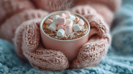 Cozy hands wrapped around a warm beverage filled with fluffy marshmallows, held in soft knitted mittens, resting on a textured blanket, evoking a comforting winter ambiance perfect for relaxationの素材
