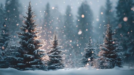 Tranquil winter scene featuring snow-laden evergreen trees bathed in warm light, with delicate snowflakes drifting down, evoking a peaceful ambiance ideal for winter narrativesの素材