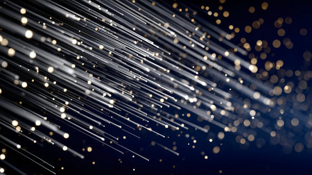 Dynamic light trails create an abstract visual effect with shimmering bokeh in the background, showcasing a sense of motion and energy in a dark atmospheric setting filled with vibrant colorsの素材