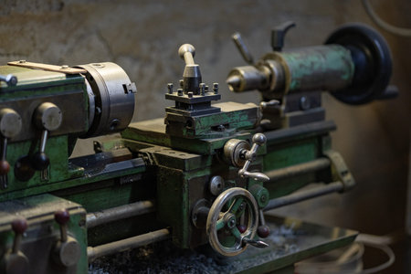 Close up of vintage metal lathe machine with control handles and cutting tool in industrial workshop...