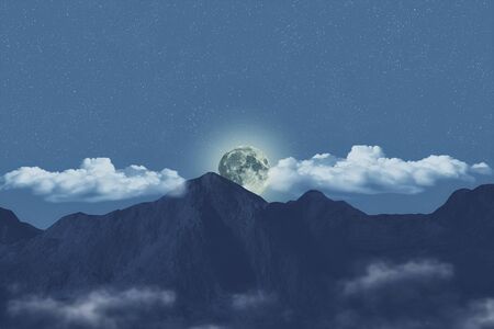 Amazing landscape of the mountains and full moon on the starry sky background.の写真素材