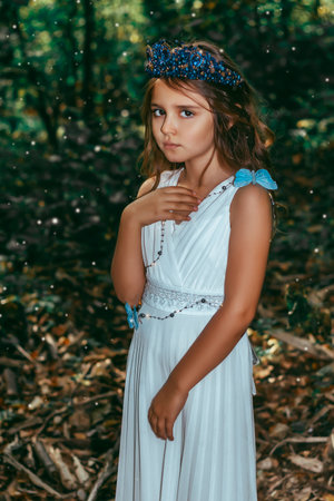 Cute little princess girl with blue butterflies in the forest. Art processing.の写真素材