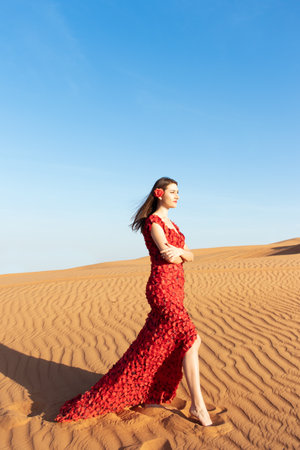 Young beautiful woman in long red dress with red rose petals among the desert. Desert rose conception.の写真素材