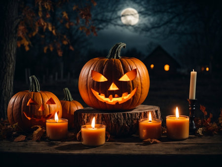 Halloween pumpkin head with lantern and burning candle on the moon background.Ai generatedの素材
