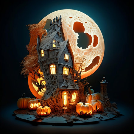 Halloween background with haunted house, pumpkins and moon. Vector illustration.の素材